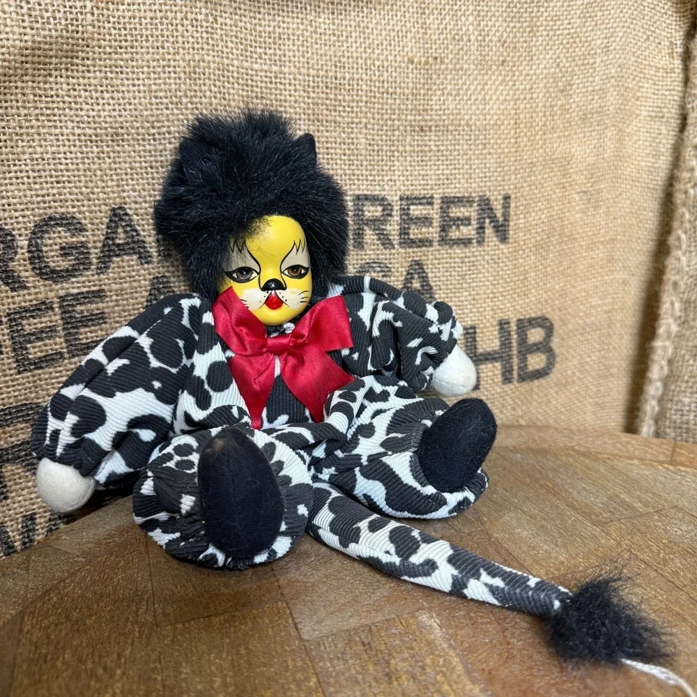 Vintage Porcelain Head Cat Clown Doll Leopard Print Body Fur Trim Red Bow